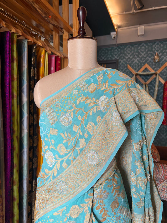 Georgette Sona Rupa Stripes Rai Dana Sky Blue Saree