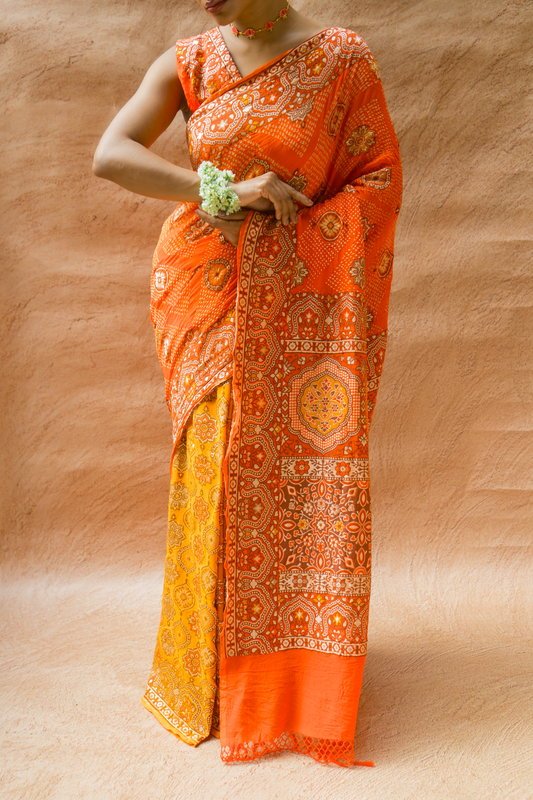 Georgette Ajrakh Weave Rai Dana Ombre Yellow-Orange Bandhej Saree