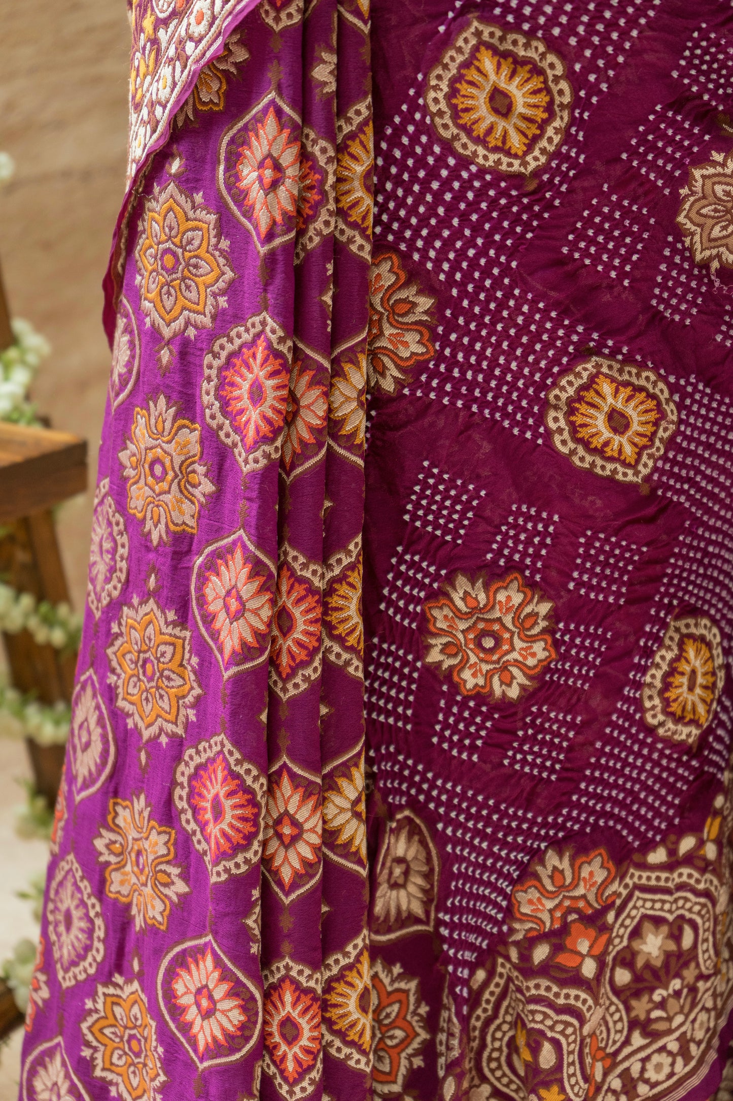 Georgette Ajrakh Weave Rai Dana Shaded Purple Saree