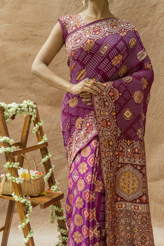 Georgette Ajrakh Weave Rai Dana Shaded Purple Saree