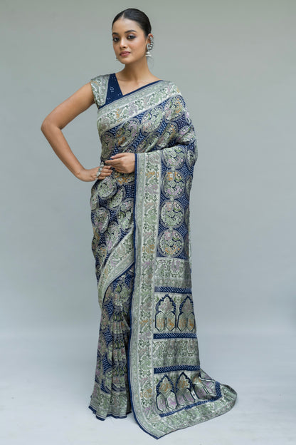 Georgette Patola Boota Meenakari Royal Blue Bandhej Saree