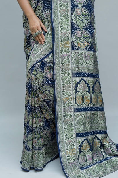 Georgette Patola Boota Meenakari Royal Blue Bandhej Saree