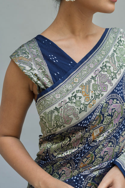 Georgette Patola Boota Meenakari Royal Blue Bandhej Saree