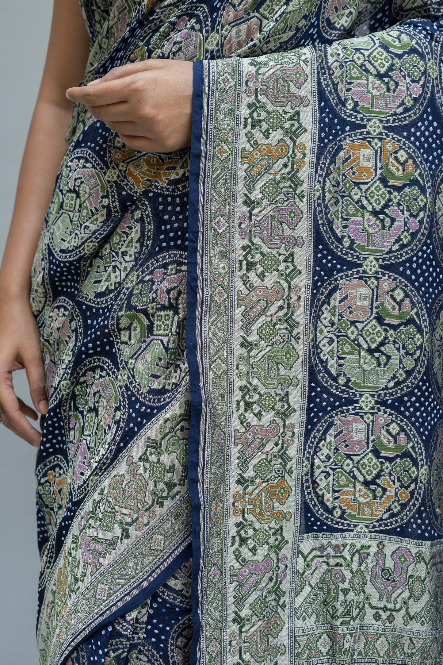 Georgette Patola Boota Meenakari Royal Blue Bandhej Saree