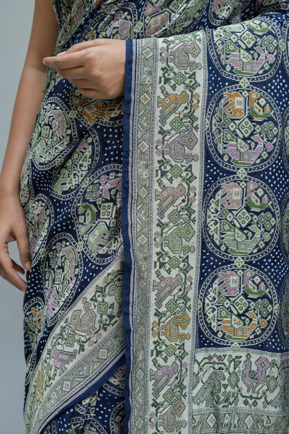 Georgette Patola Boota Meenakari Royal Blue Bandhej Saree