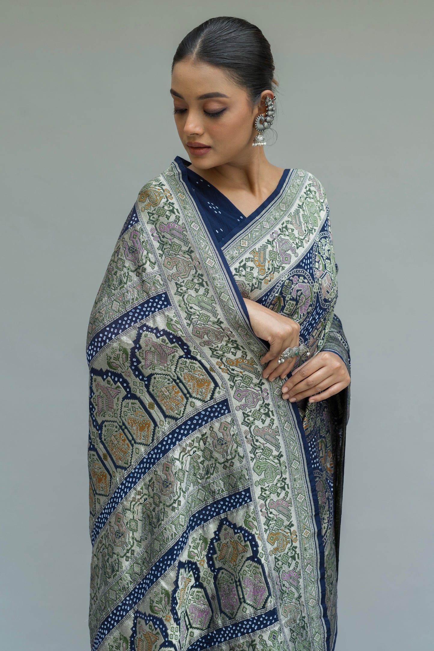 Georgette Patola Boota Meenakari Royal Blue Bandhej Saree