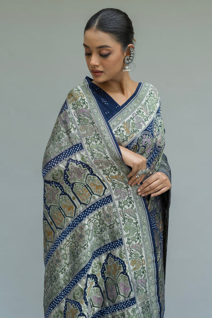 Georgette Patola Boota Meenakari Royal Blue Bandhej Saree