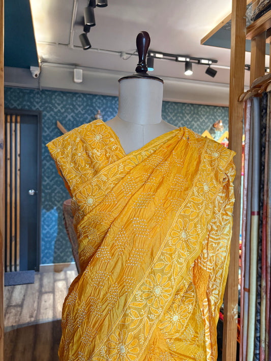 Tusser Lucknowi Rai Dana Yellow Saree