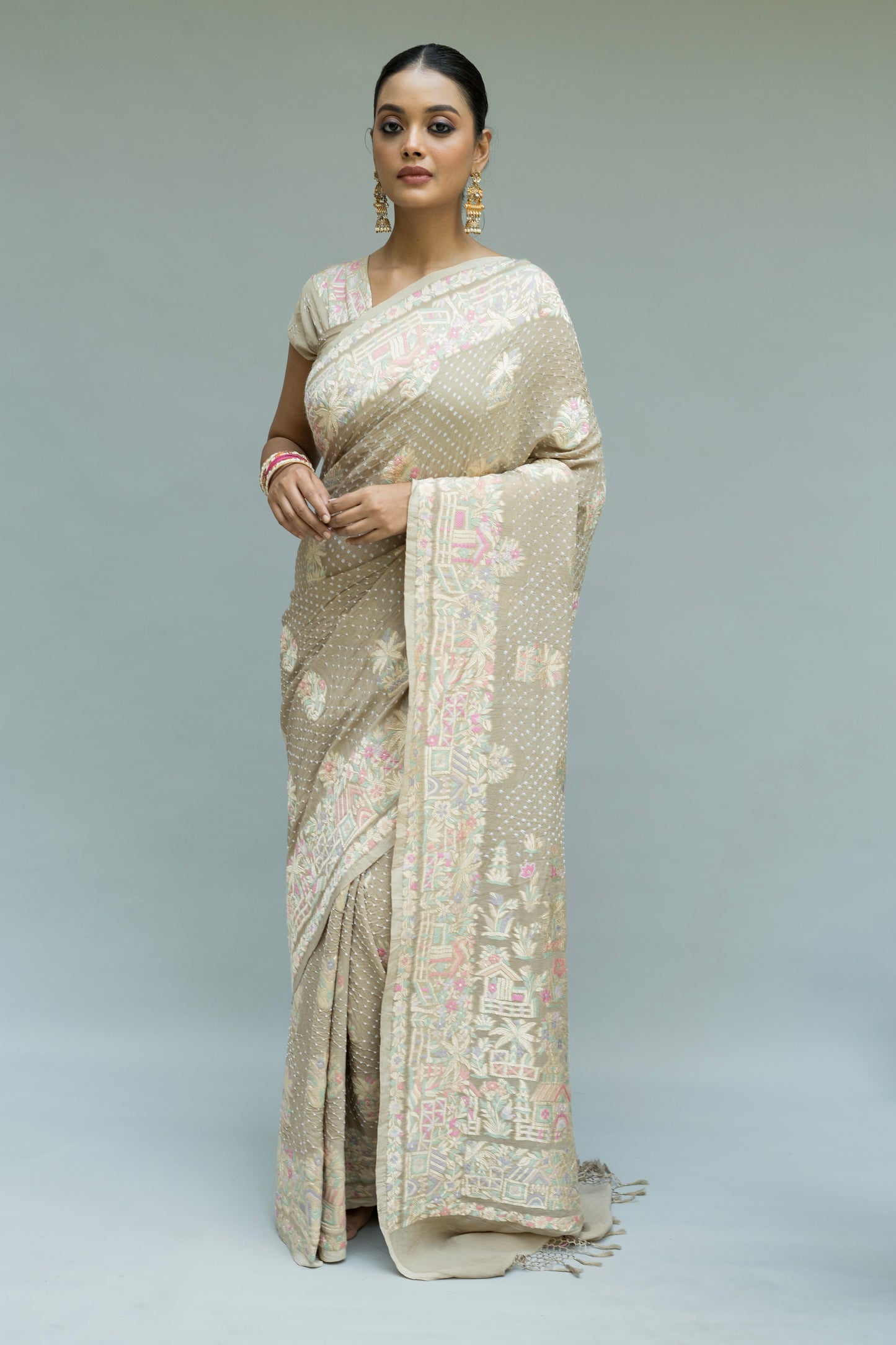 Georgette Parsi Bootidar Earthy Brown Bandhej Saree