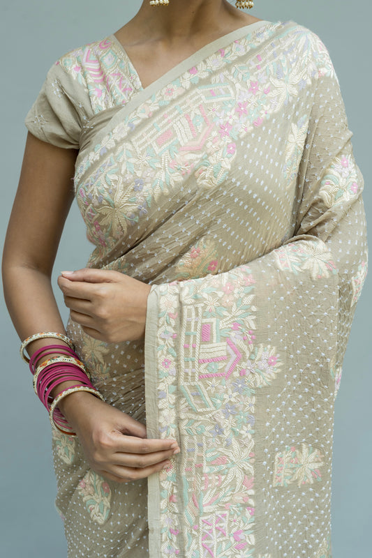 Georgette Parsi Bootidar Earthy Brown Bandhej Saree