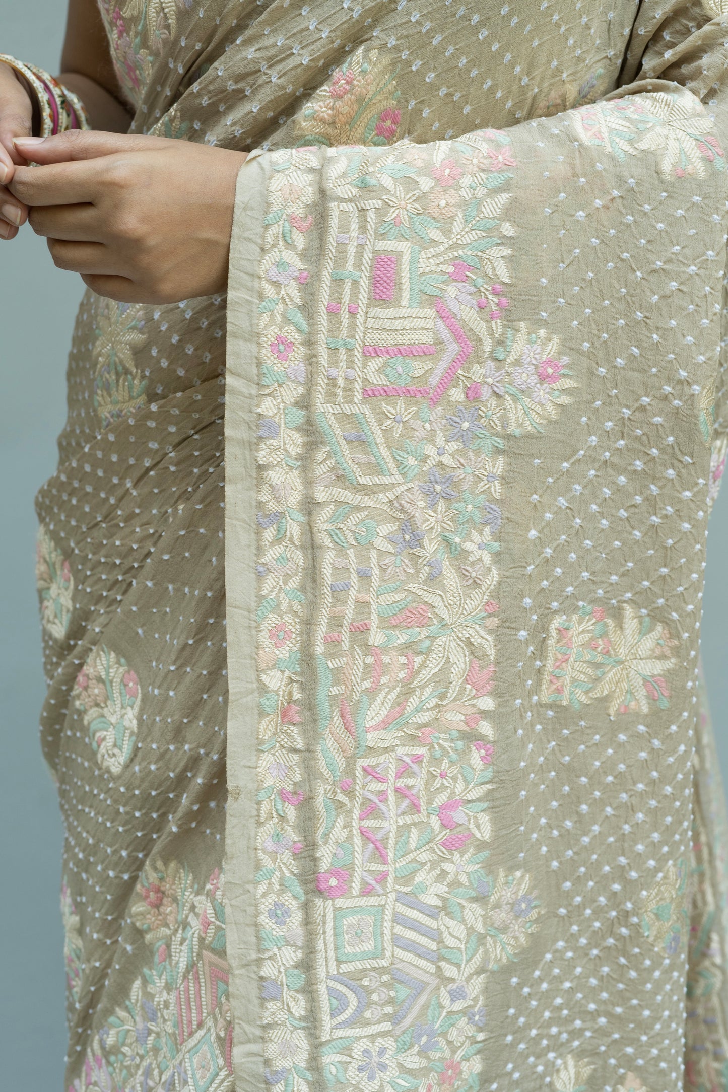 Georgette Parsi Bootidar Earthy Brown Bandhej Saree