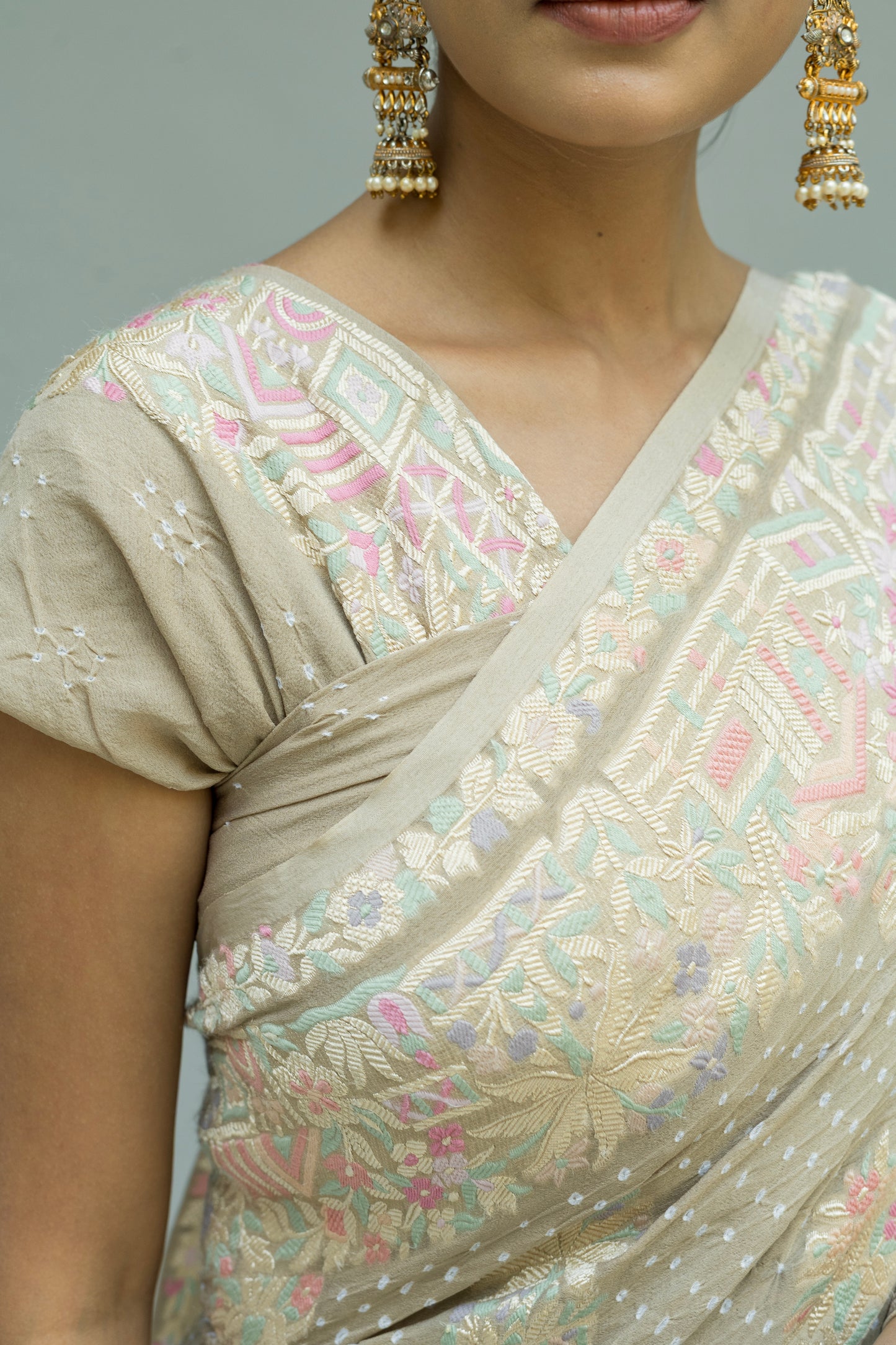 Georgette Parsi Bootidar Earthy Brown Bandhej Saree