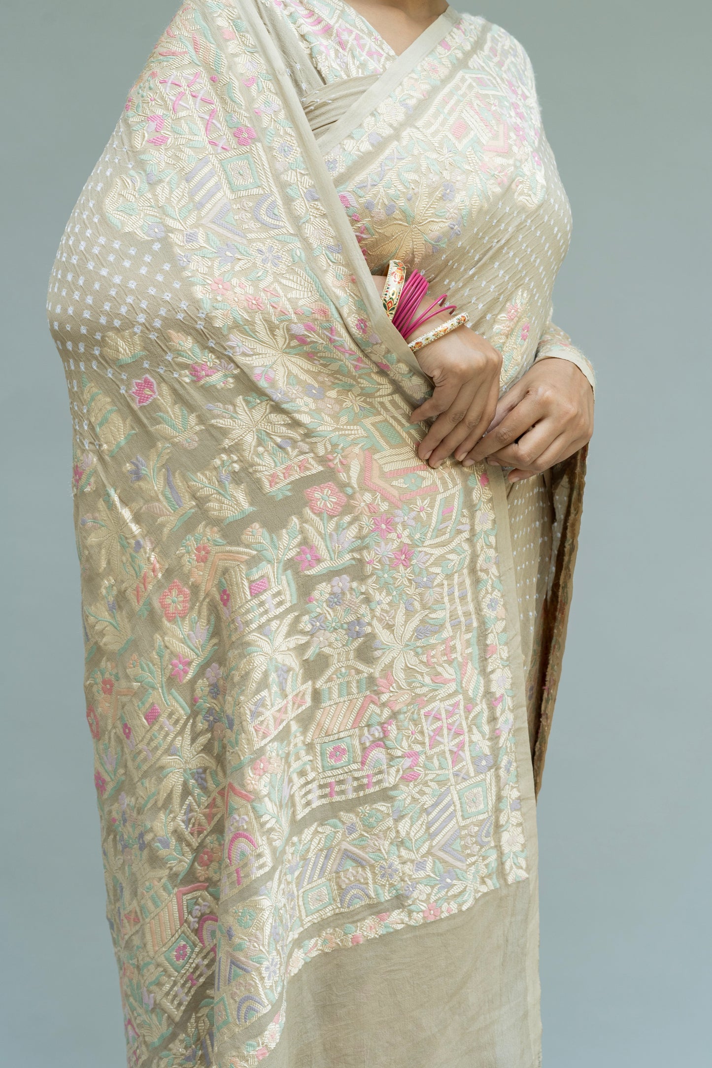 Georgette Parsi Bootidar Earthy Brown Bandhej Saree