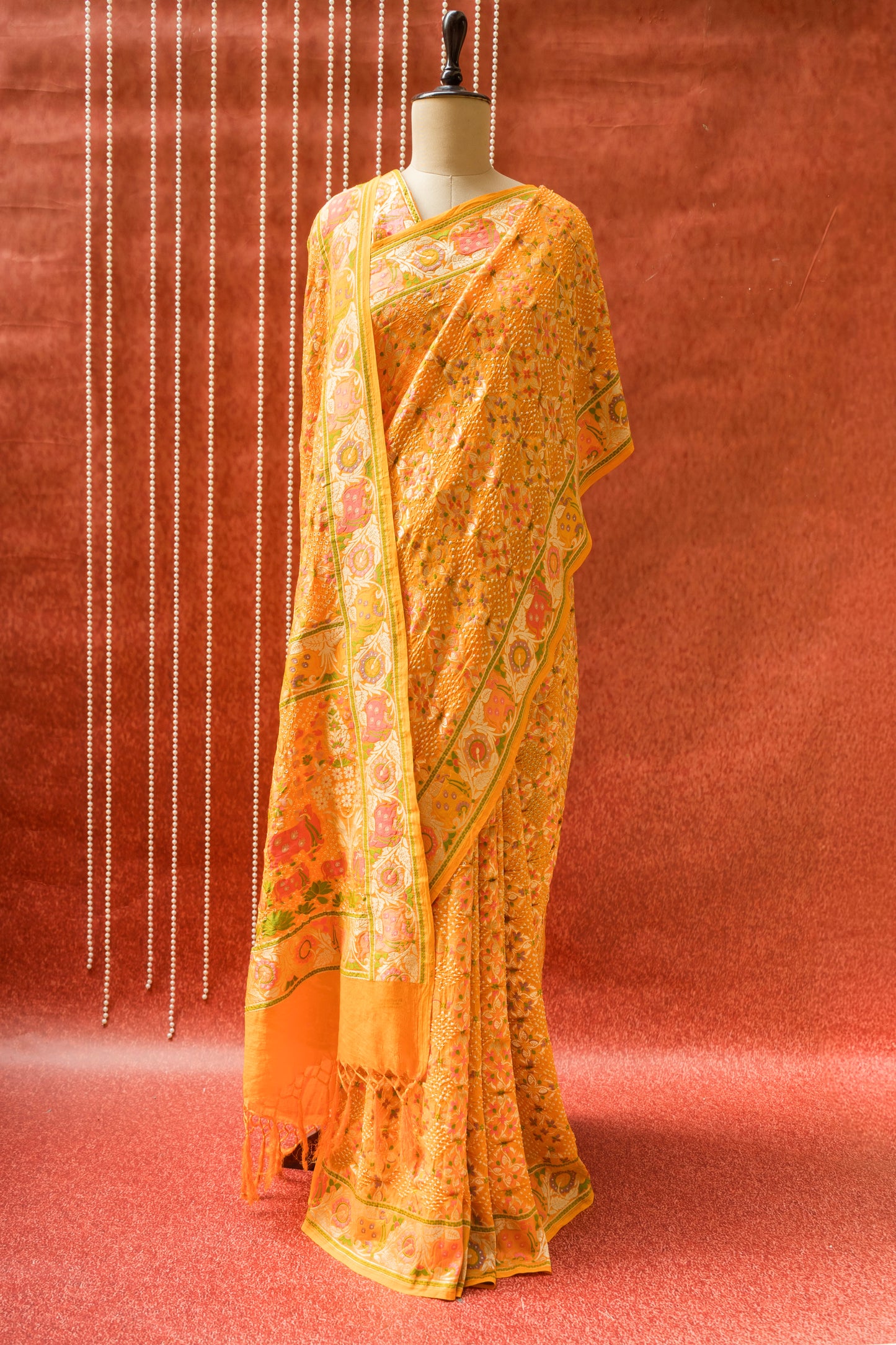 Georgette Pichwai Jaal Orange Bandhej Saree
