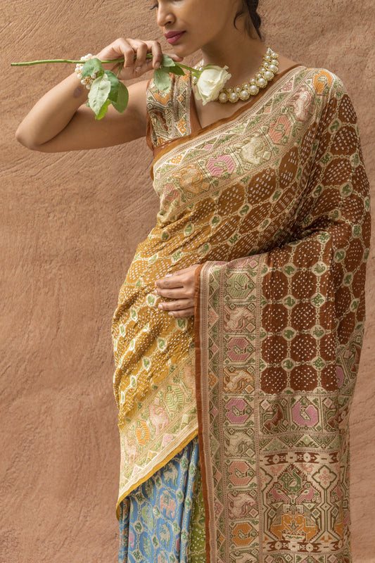 Georgette Patola Weaving Ombre Blue-Green-Brown Bandhej Saree