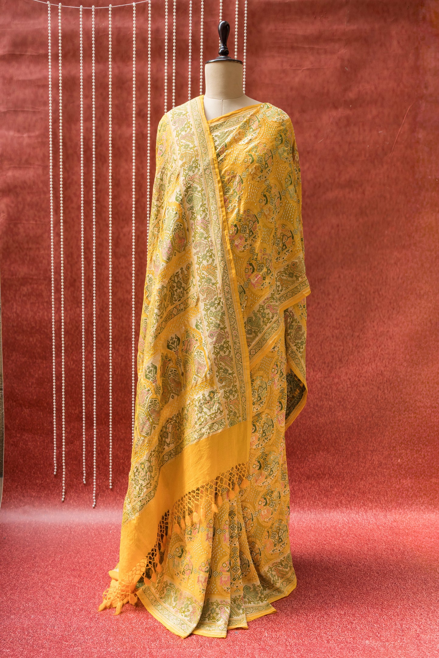 Georgette Patola Boota Meenakari Yellow Bandhej Saree