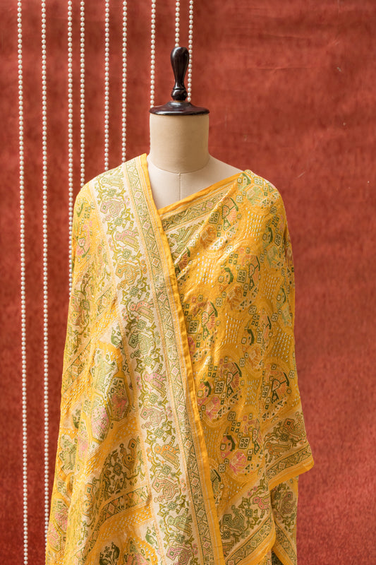 Georgette Patola Boota Meenakari Yellow Bandhej Saree