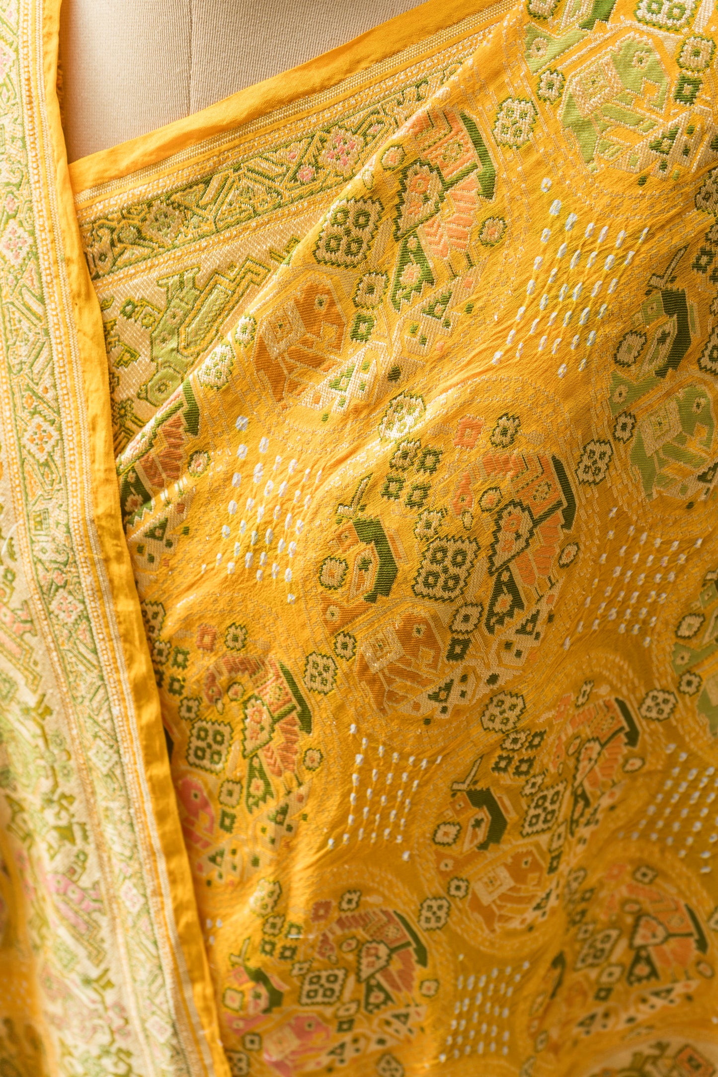 Georgette Patola Boota Meenakari Yellow Bandhej Saree