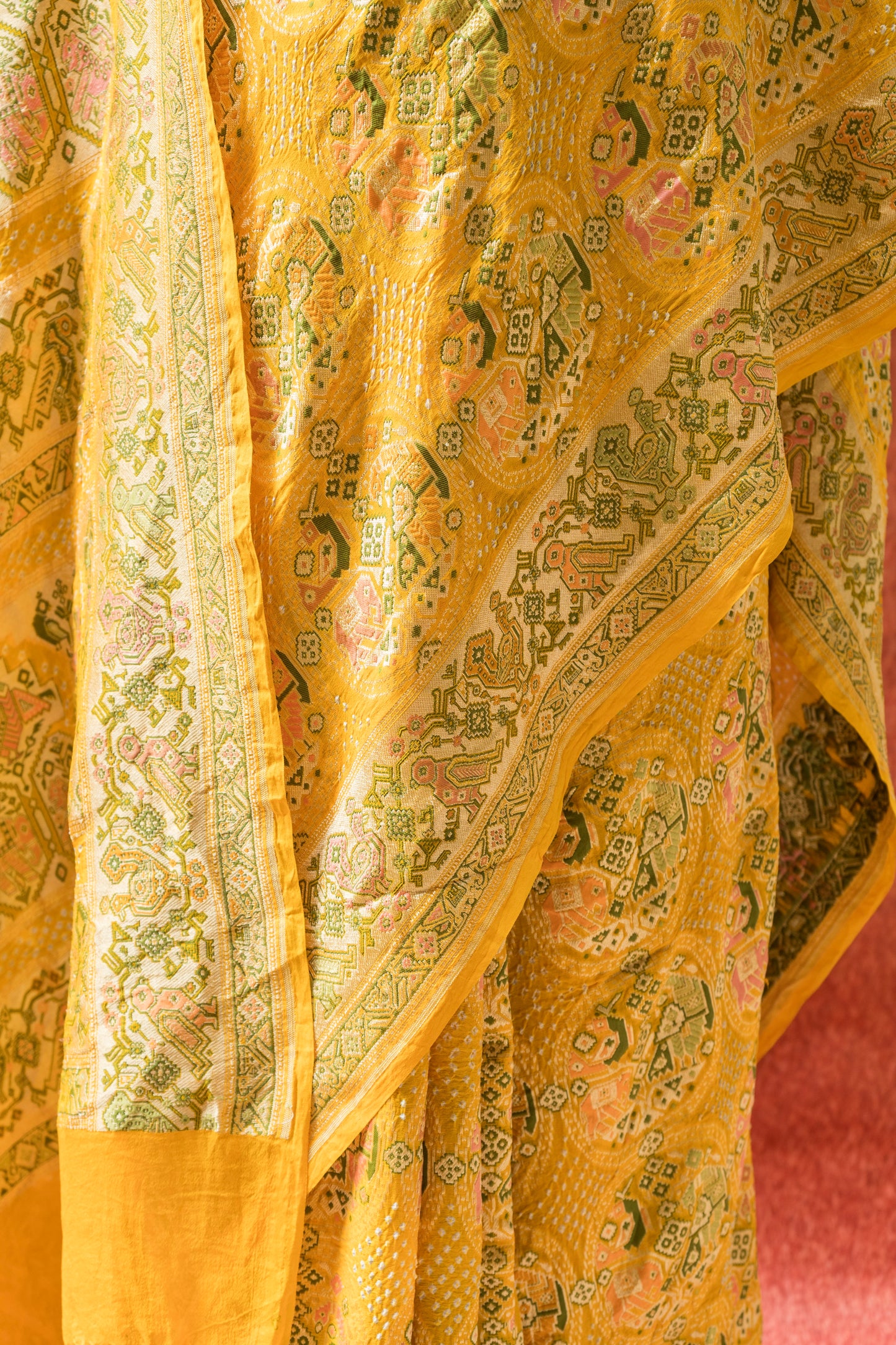 Georgette Patola Boota Meenakari Yellow Bandhej Saree