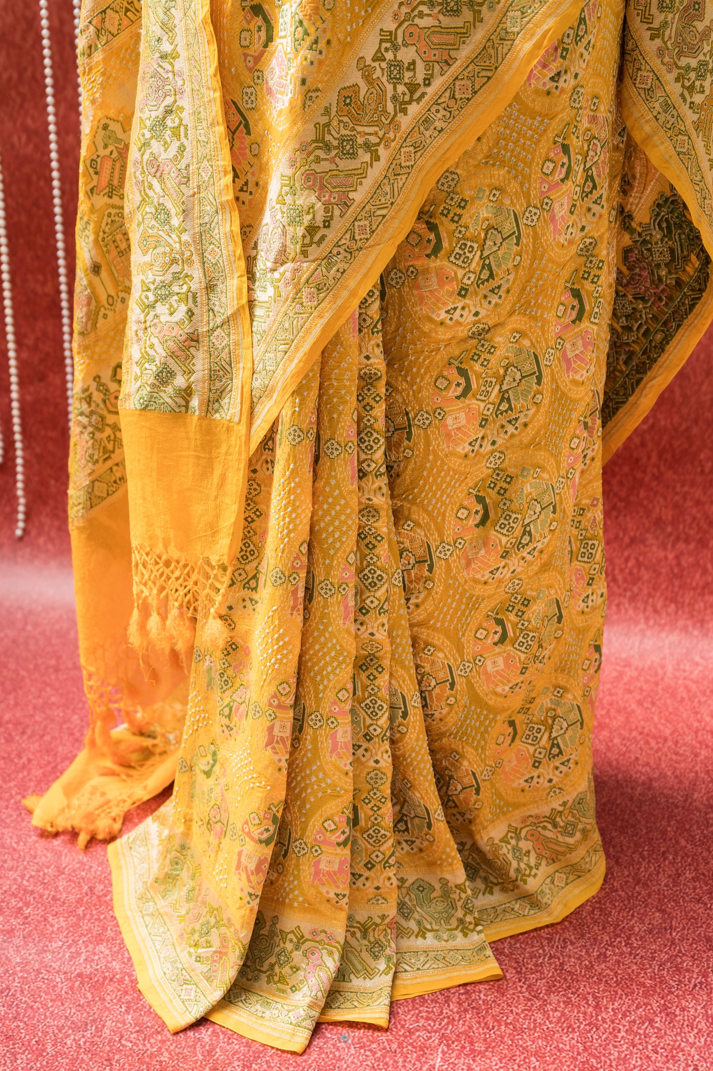Georgette Patola Boota Meenakari Yellow Bandhej Saree