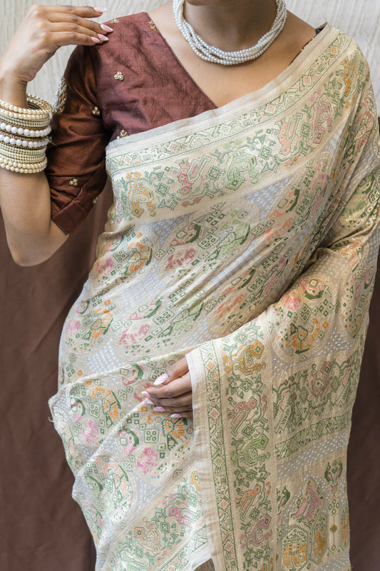 Georgette Patola Boota Meenakari Light Grey Bandhej Saree
