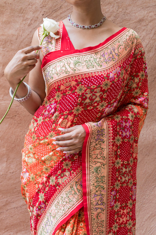 Georgette Warli Jaal Weaving Ombre Orange-Red Bandhej Saree