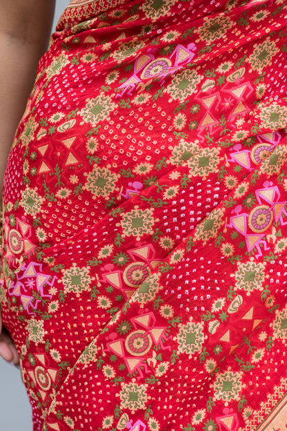 Georgette Warli Jaal Weaving Red Bandhej Saree