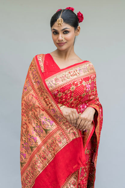Georgette Warli Jaal Weaving Red Bandhej Saree