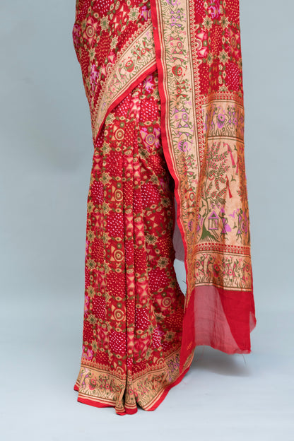 Georgette Warli Jaal Weaving Red Bandhej Saree