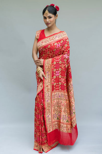 Georgette Warli Jaal Weaving Red Bandhej Saree