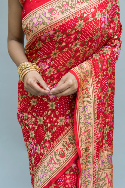 Georgette Warli Jaal Weaving Red Bandhej Saree