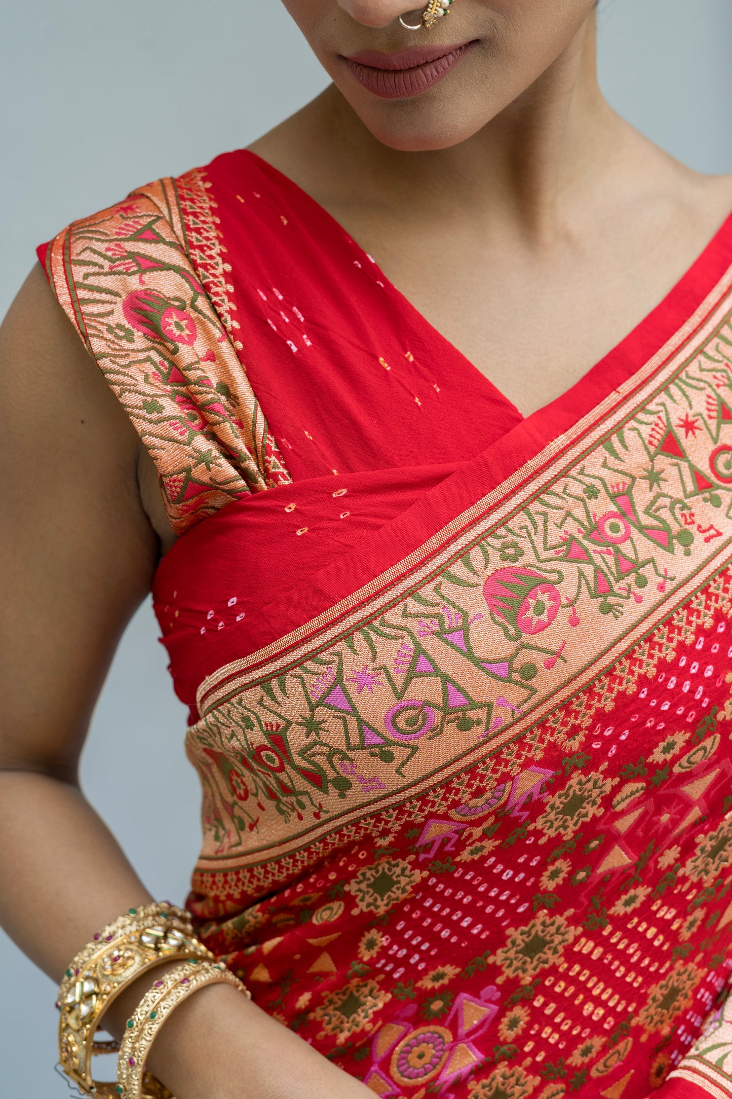 Georgette Warli Jaal Weaving Red Bandhej Saree