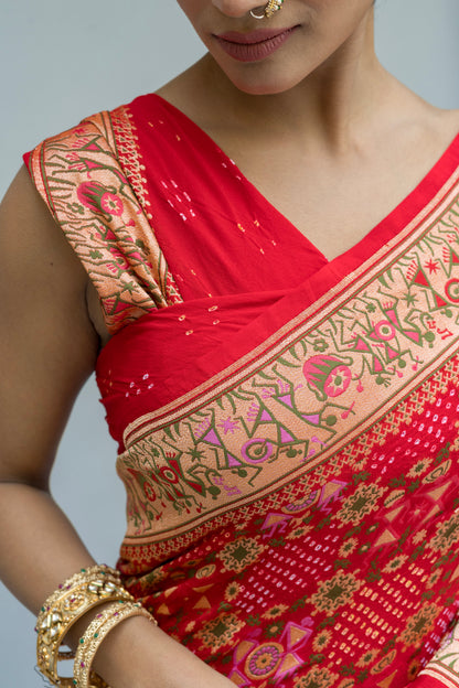 Georgette Warli Jaal Weaving Red Bandhej Saree