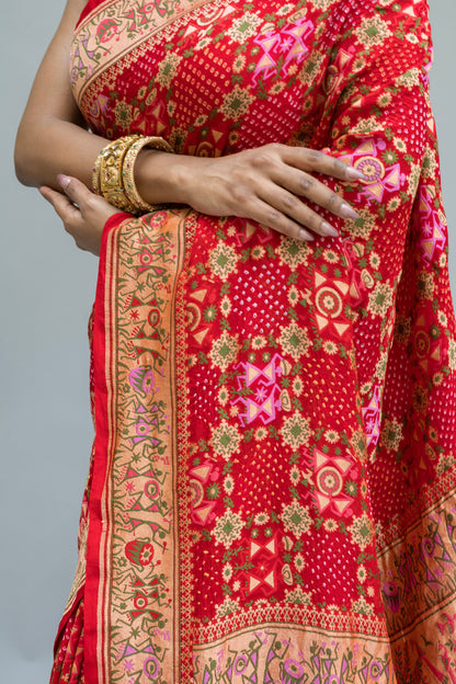 Georgette Warli Jaal Weaving Red Bandhej Saree