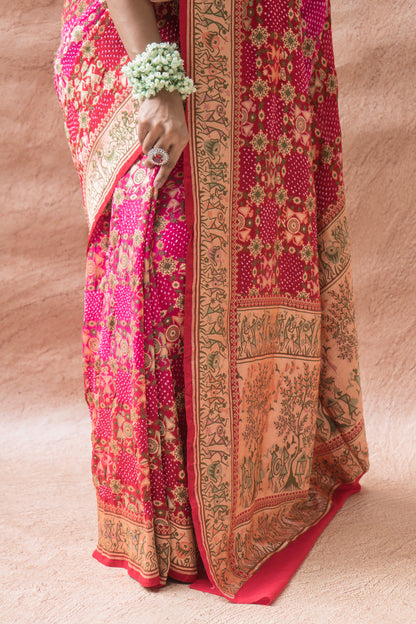 Georgette Warli Jaal Weaving Ombre Rani-Maroon Bandhej Saree