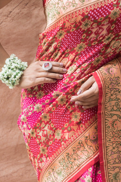 Georgette Warli Jaal Weaving Ombre Rani-Maroon Bandhej Saree