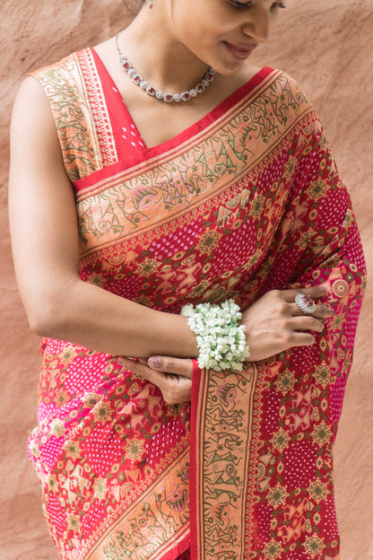 Georgette Warli Jaal Weaving Ombre Rani-Maroon Bandhej Saree