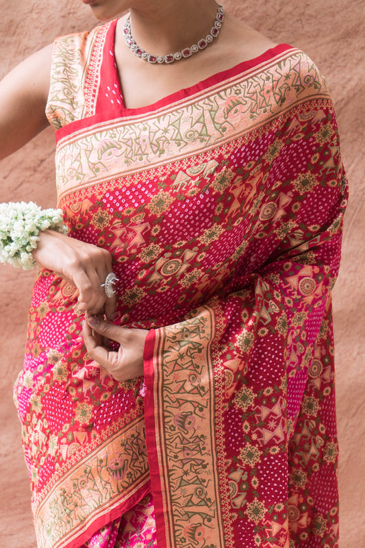 Georgette Warli Jaal Weaving Ombre Rani-Maroon Bandhej Saree