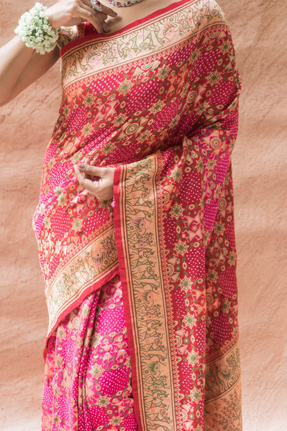 Georgette Warli Jaal Weaving Ombre Rani-Maroon Bandhej Saree