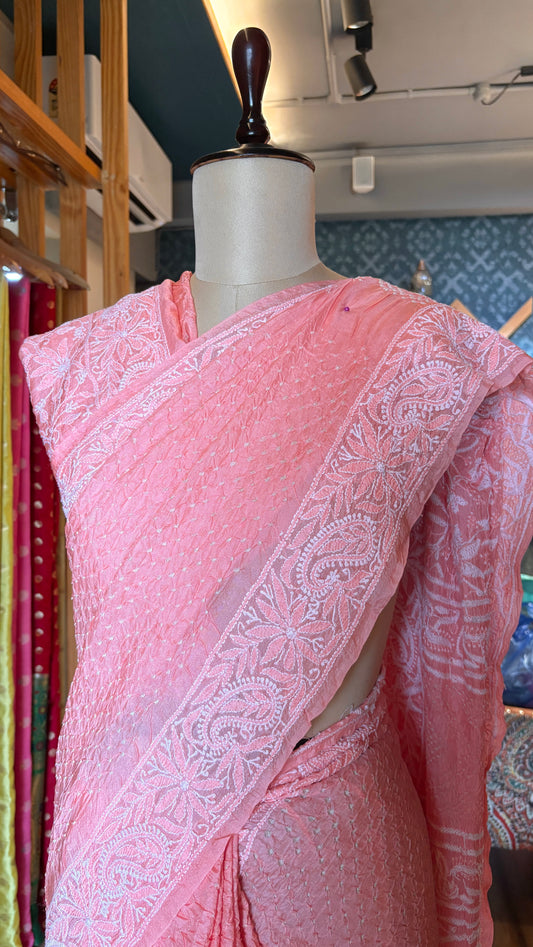 Tusser Lucknowi Rai Dana- Pastel Pink Saree
