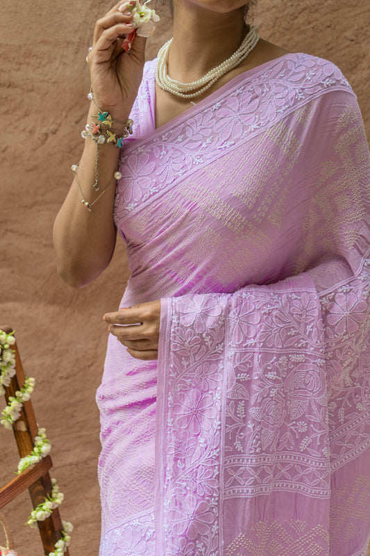 Georgette Lucknowi Rai Dana Lilac Saree