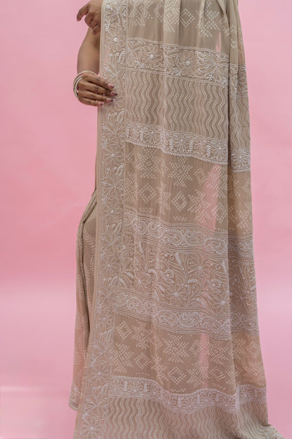 Georgette Lucknowi Light Grey Bandhej Saree