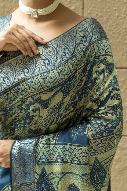 Chanderi Ajrakh Abstract Print with Zari Borders Indigo Saree