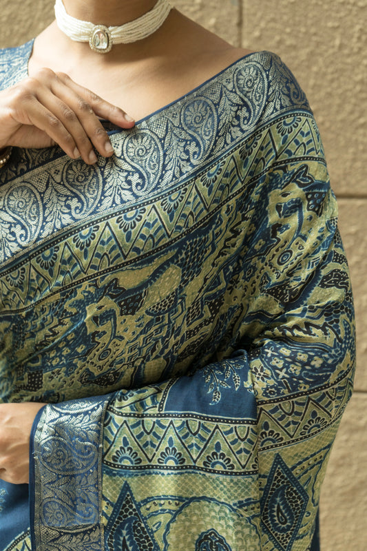 Chanderi Ajrakh Abstract Print with Zari Borders Indigo Saree
