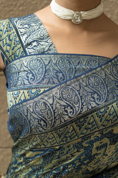 Chanderi Ajrakh Abstract Print with Zari Borders Indigo Saree