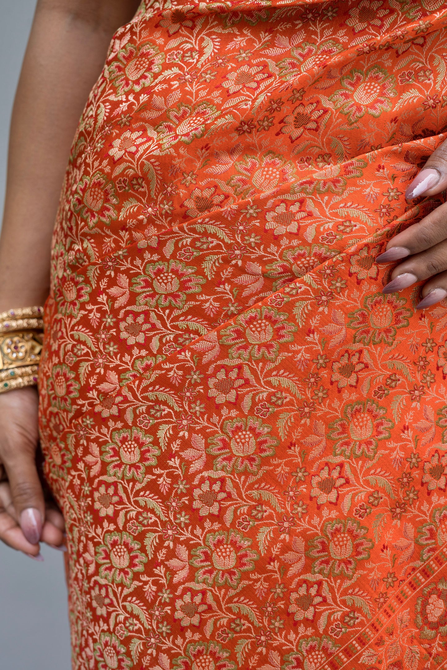 Katan Tanchoi Floral Orange Saree