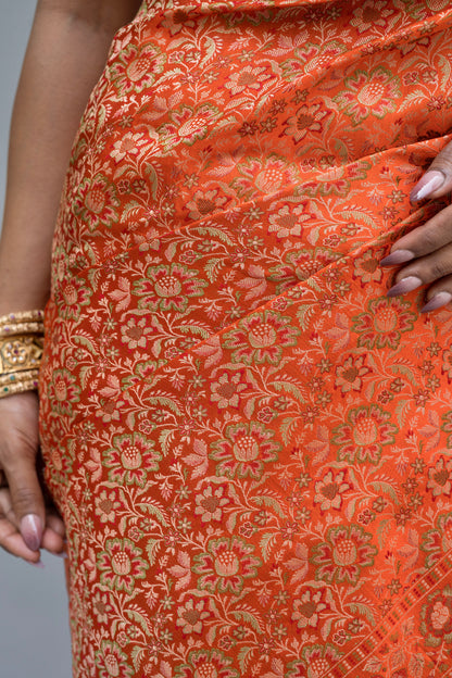 Katan Tanchoi Floral Orange Saree