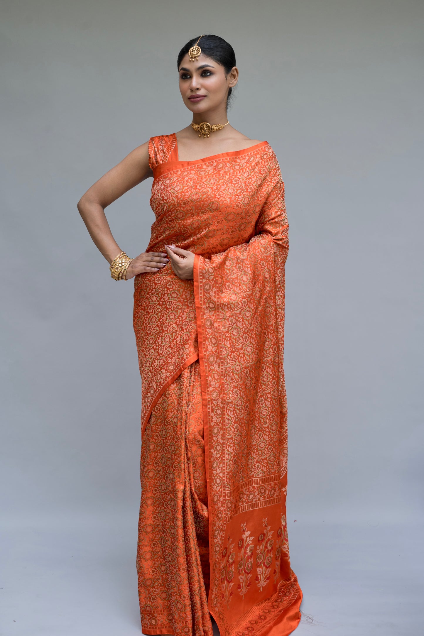 Katan Tanchoi Floral Orange Saree