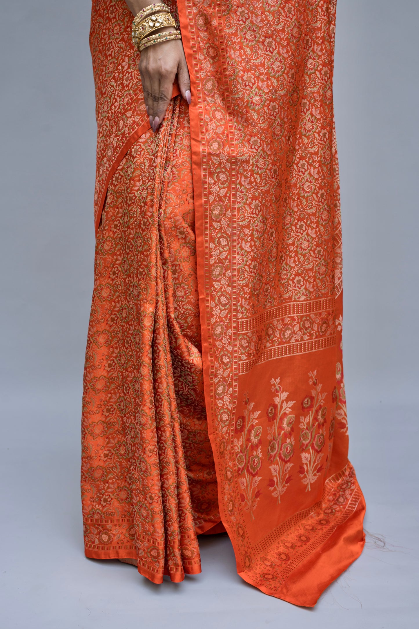 Katan Tanchoi Floral Orange Saree