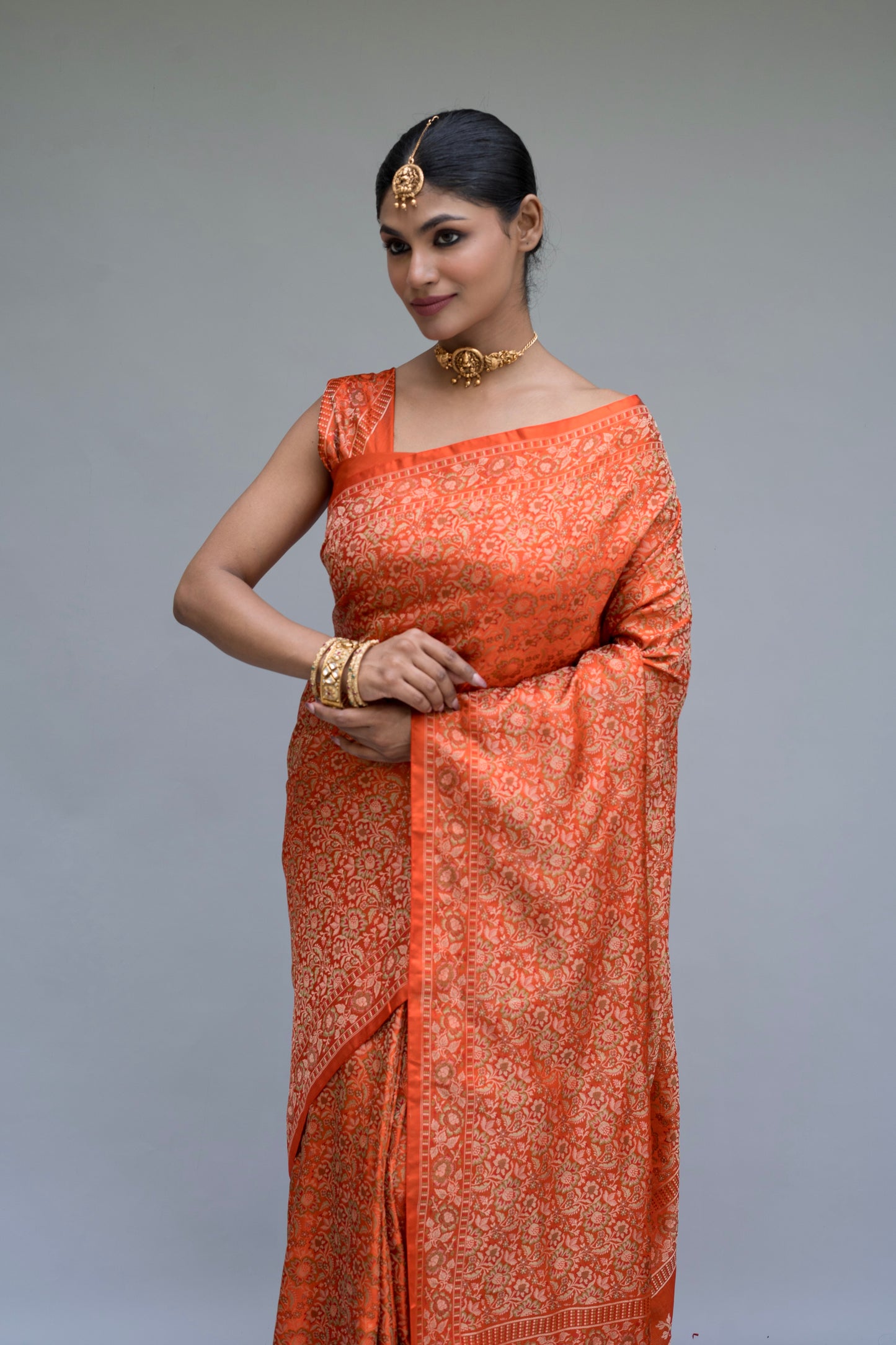 Katan Tanchoi Floral Orange Saree